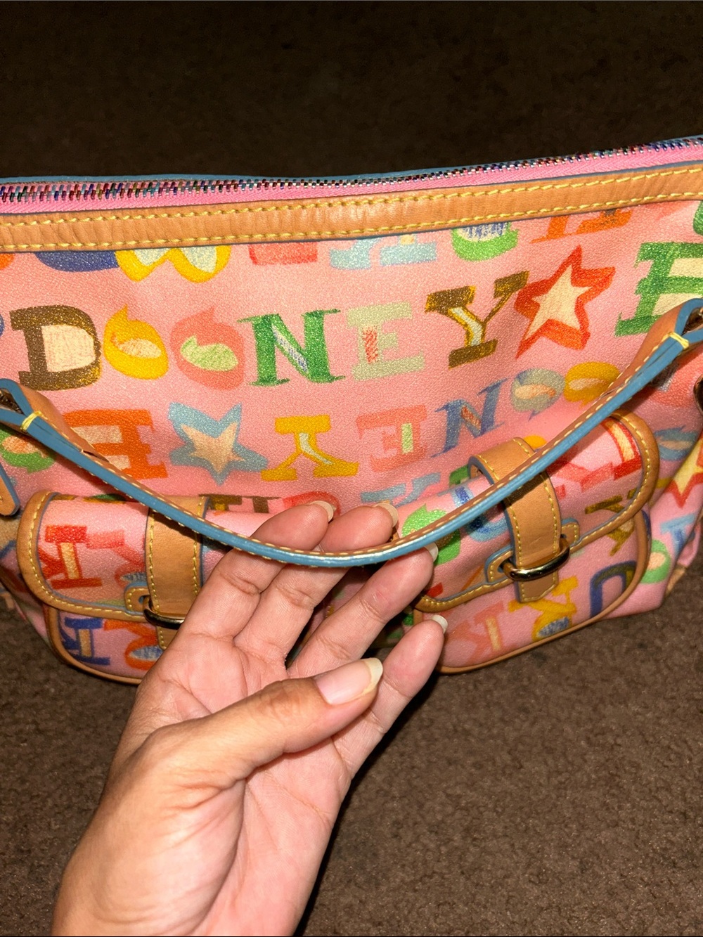 Vintage Dooney & Bourke Pink Graffiti Bag with Tan Leather Trim - Picture 10 of 16